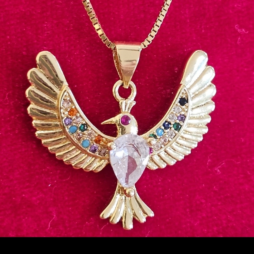 18KT GOLD/925 STERLING SILVER PHOENIX BIRD MULTI COLORED DIAMOND CZ NECKLACE☆NEW
